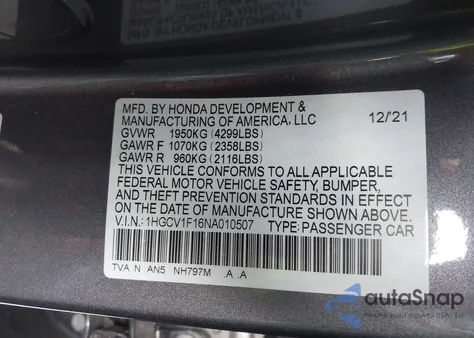 2022 Honda Accord Lx z USA, uszkodzony, nr VIN 1HGCV1F16NA010507